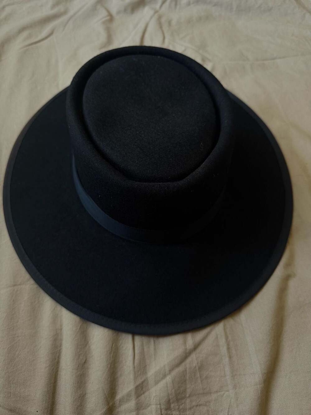 Vintage Black Wool Gaucho Hat 7 3/8 Made In USA WPL 5923 Flat Brim Gambler